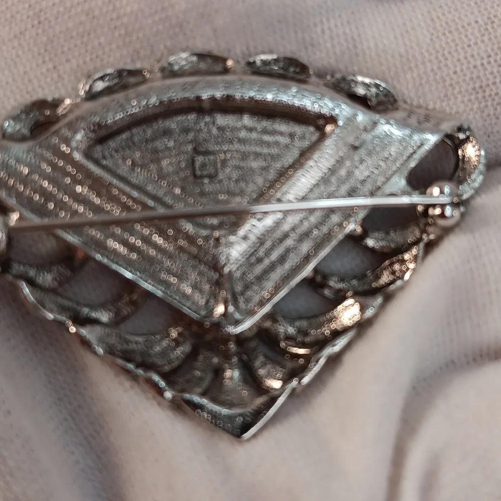 Vintage Avon Cream and Black Art Deco Filigree Fan- Shape Brooch Silver Tone